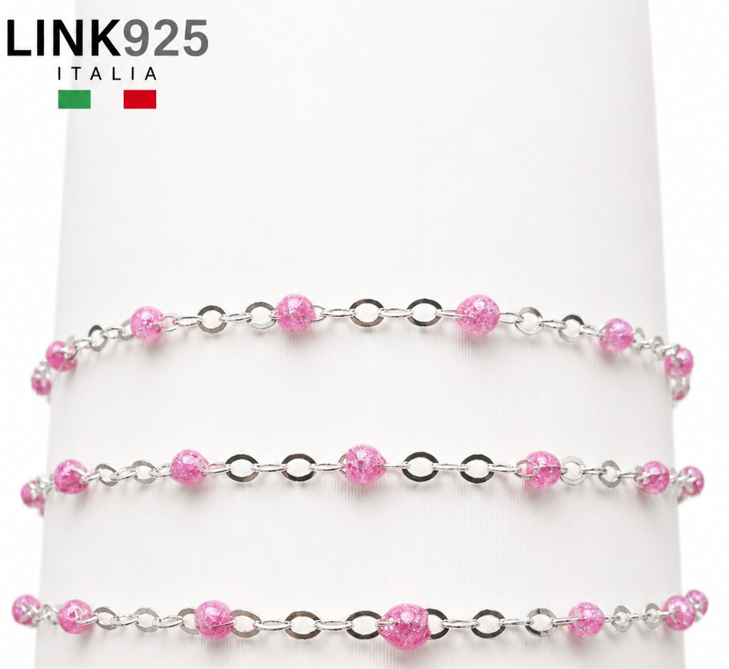 Pink Glitter Enamel Diamond Cut Flat Cable Chain | 1.7MM | Sterling Silver