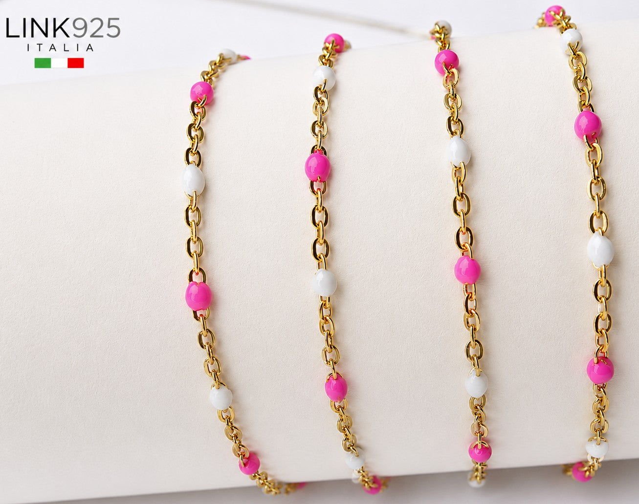 Pink & White Enamel Cable Chain | 1.6MM | 14k Gold Filled