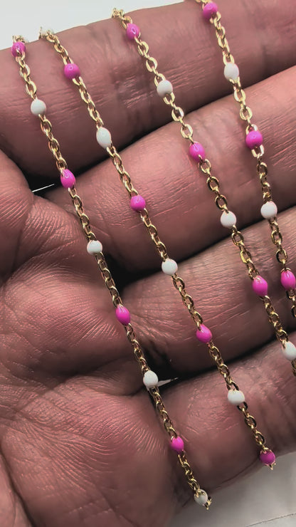 Pink & White Enamel Cable Chain | 1.6MM | 14k Gold Filled