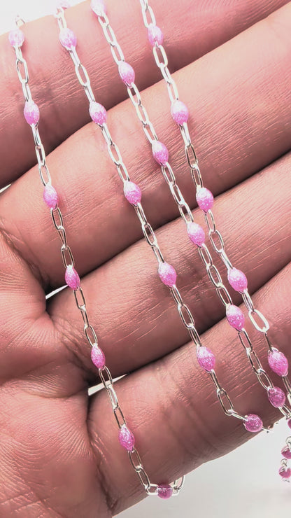 Pink Glitter Enamel Paperclip Chain | 1.6MM | Sterling Silver