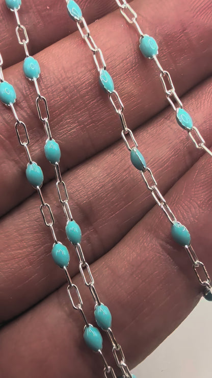 Solid Turquoise Enamel Paperclip Chain | 1.6MM | Sterling Silver